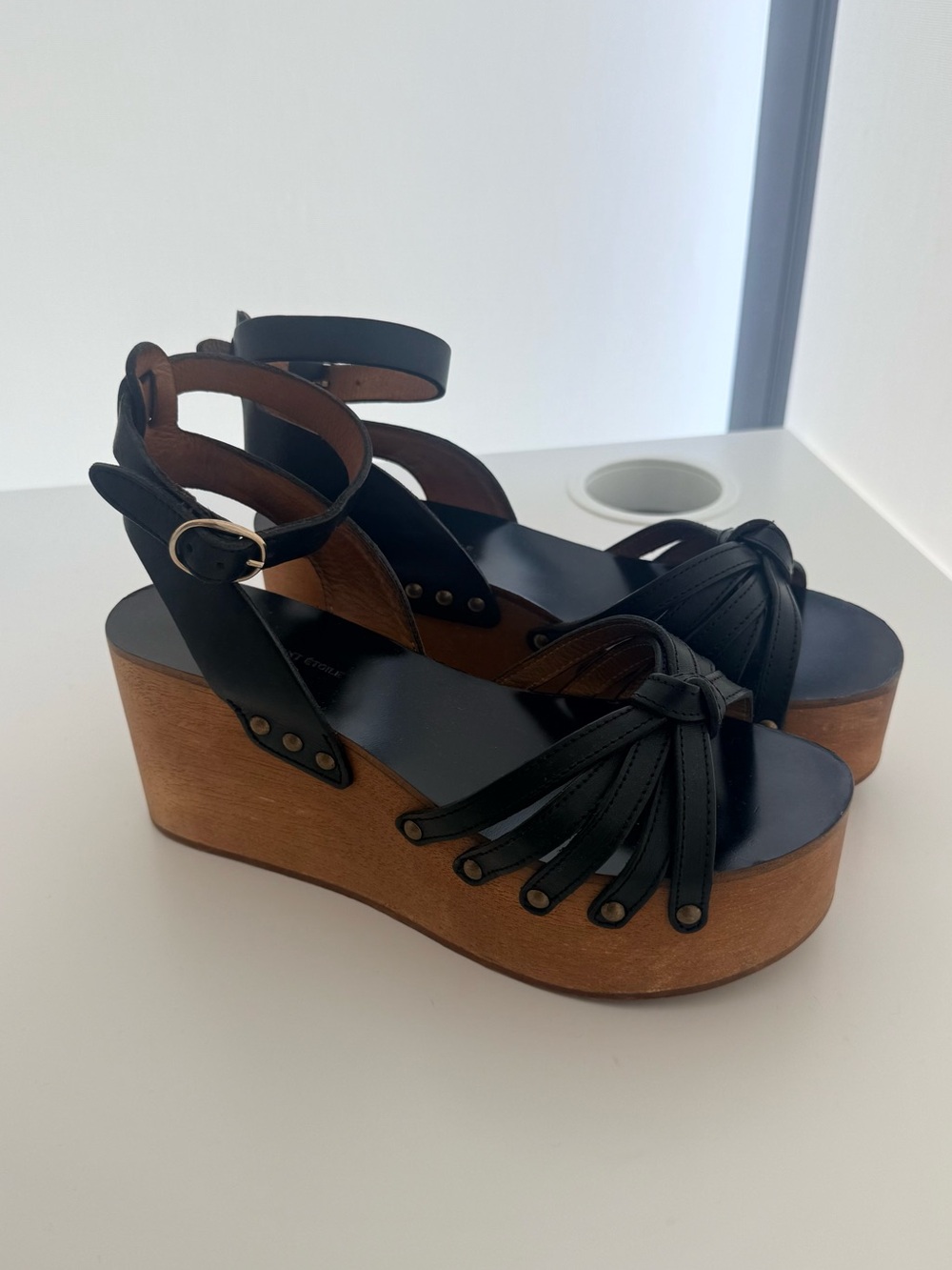 Isabel Marant Étoile Black Leather Wooden Platform Wedge Sandals Ankle Strap
